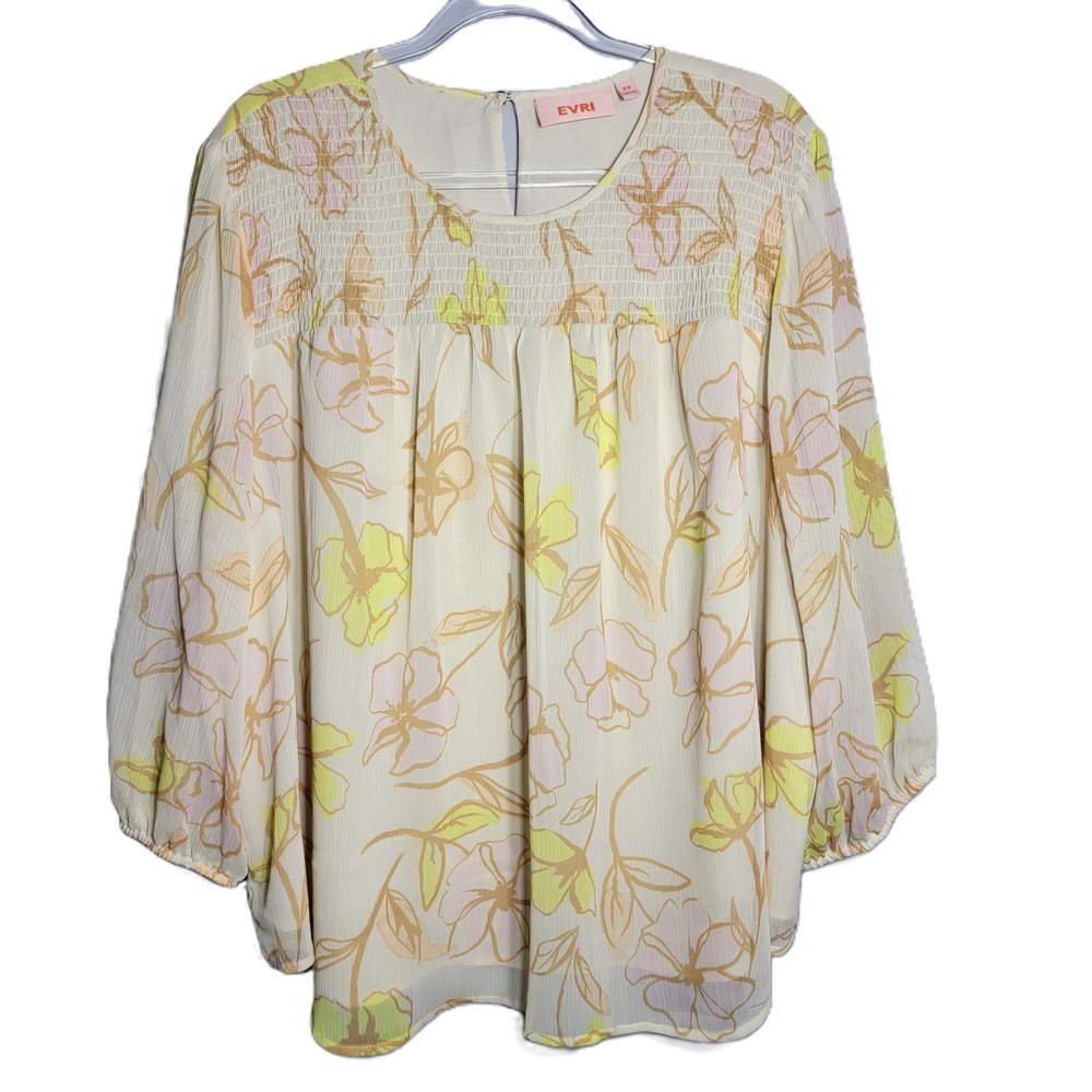 EVRI Womens Top Plus Size 2X Floral Smocked Blouse Cream Pink Long Sleeve NWT